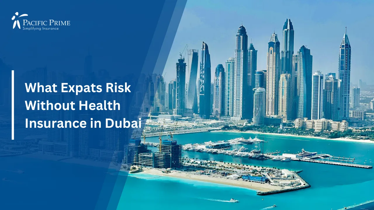 Image of Aerial View Of Dubai Marina With Skyscrapers And Waterfront Buildings with text overlay of "What Expats Risk Without Health Insurance in Dubai"
