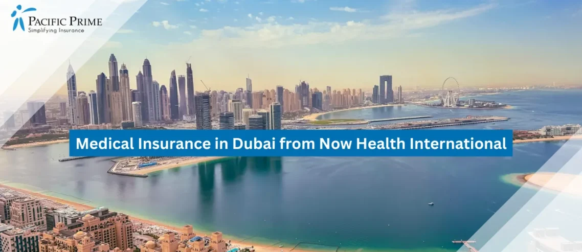 Image of Aerial View Of Dubai Marina With Waterfront And High-rise Buildings with text overlay of "Medical Insurance in Dubai from Now Health International"