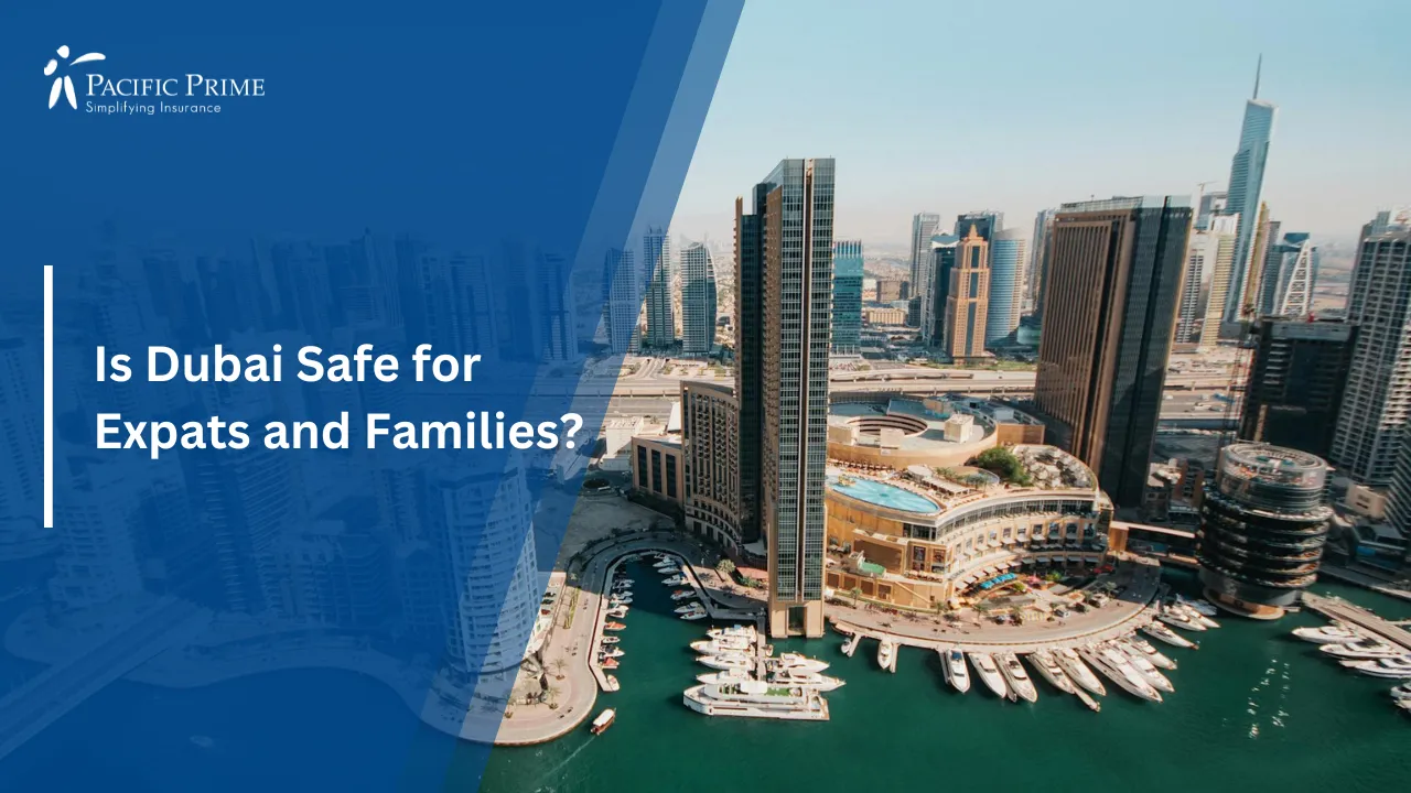 Image of Aerial View Of Dubai Marina With Waterfront And Modern Skyscrapers with text overlay of "Is Dubai Safe for Expats and Families?"