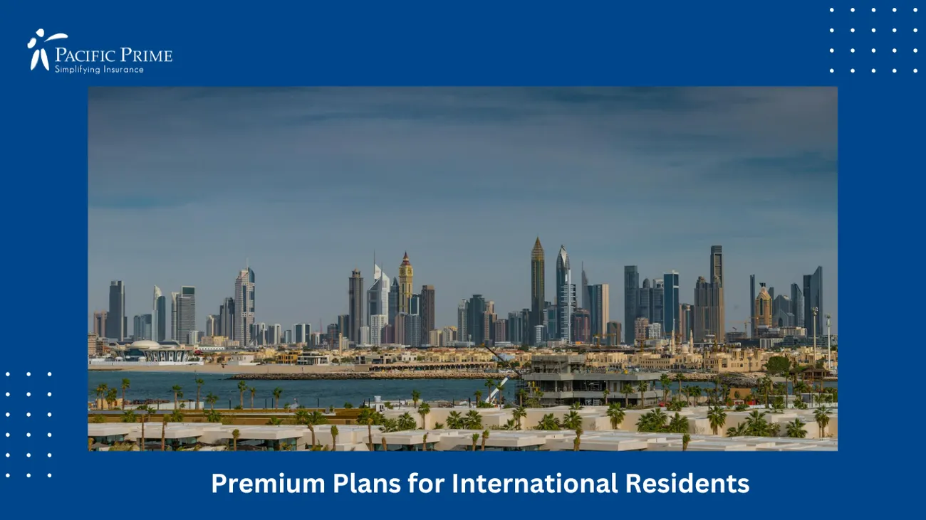 Image of Aerial View Of Dubai Skyscrapers Under Blue Sky with text overlay of "Premium Plans for International Residents"