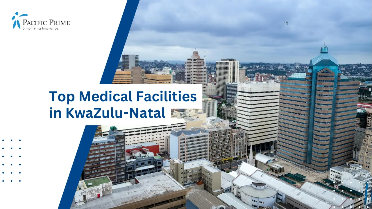 Image of Aerial View Of Durban Skyline With Tall Buildings Under Cloudy Skies with text overlay of "Top Medical Facilities in KwaZulu-Natal"