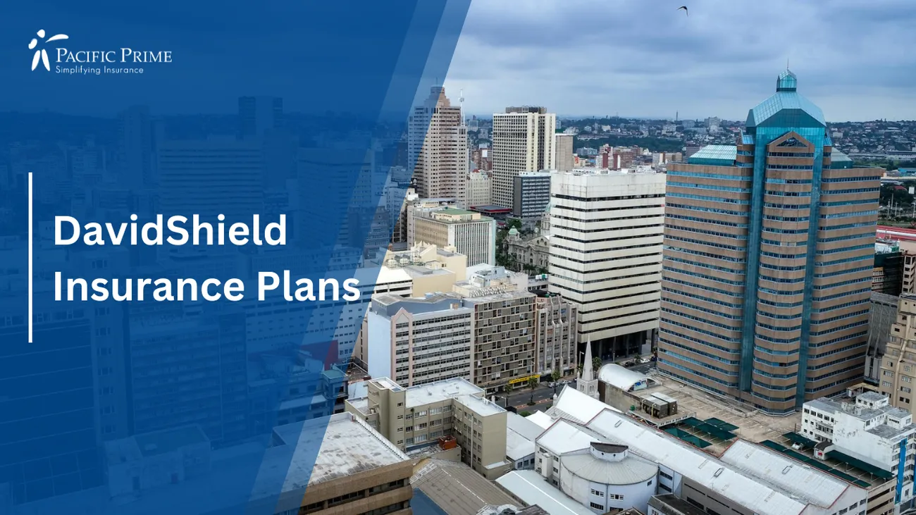 Image of Aerial View Of Durban's Skyline With Skyscrapers Under Overcast Skies with text overlay of "DavidShield Insurance Plans"