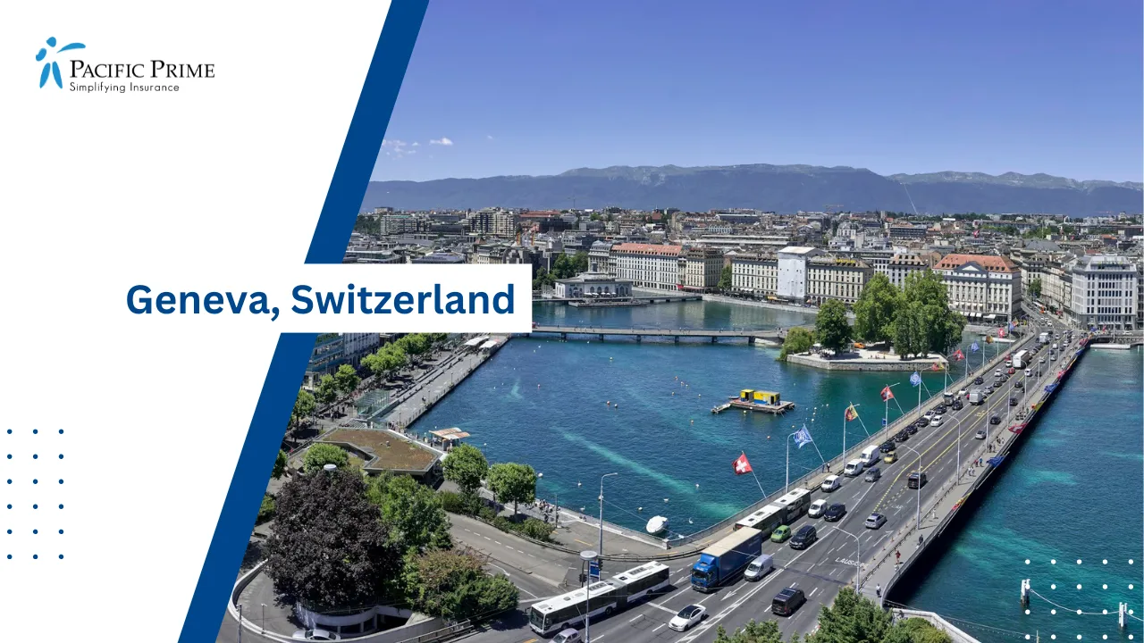 Image of Aerial View Of Geneva Cityscape Along Lake Geneva In Daylight with text overlay of "Geneva, Switzerland"