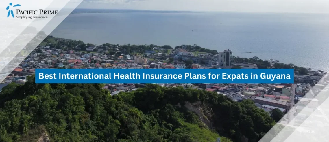 Image of Aerial View Of Georgetown Coastal City With Sea And Blue Sky, Guyana with text overlay of "Best International Health Insurance Plans for Expats in Guyana"