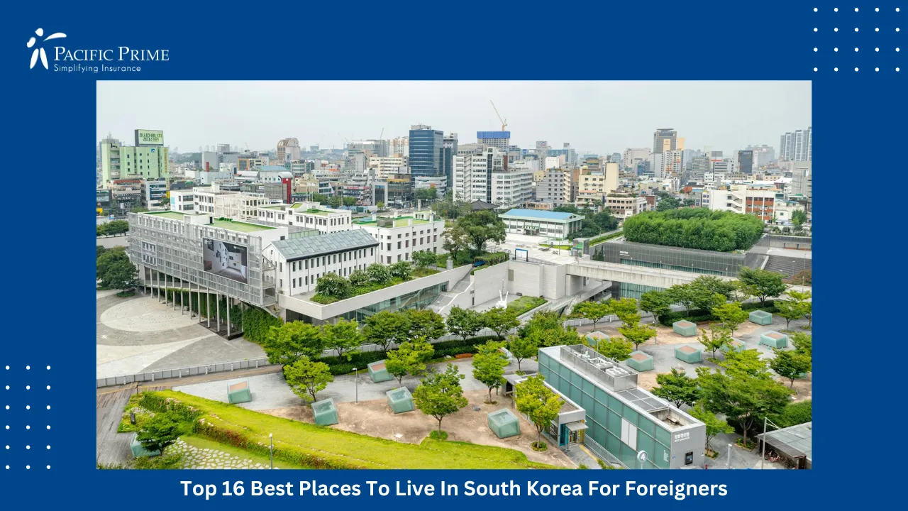 Image of Aerial View Of Gwangju Cityscape With Modern Buildings In South Korea with text overlay of "Top 16 Best Places To Live In South Korea For Foreigners"