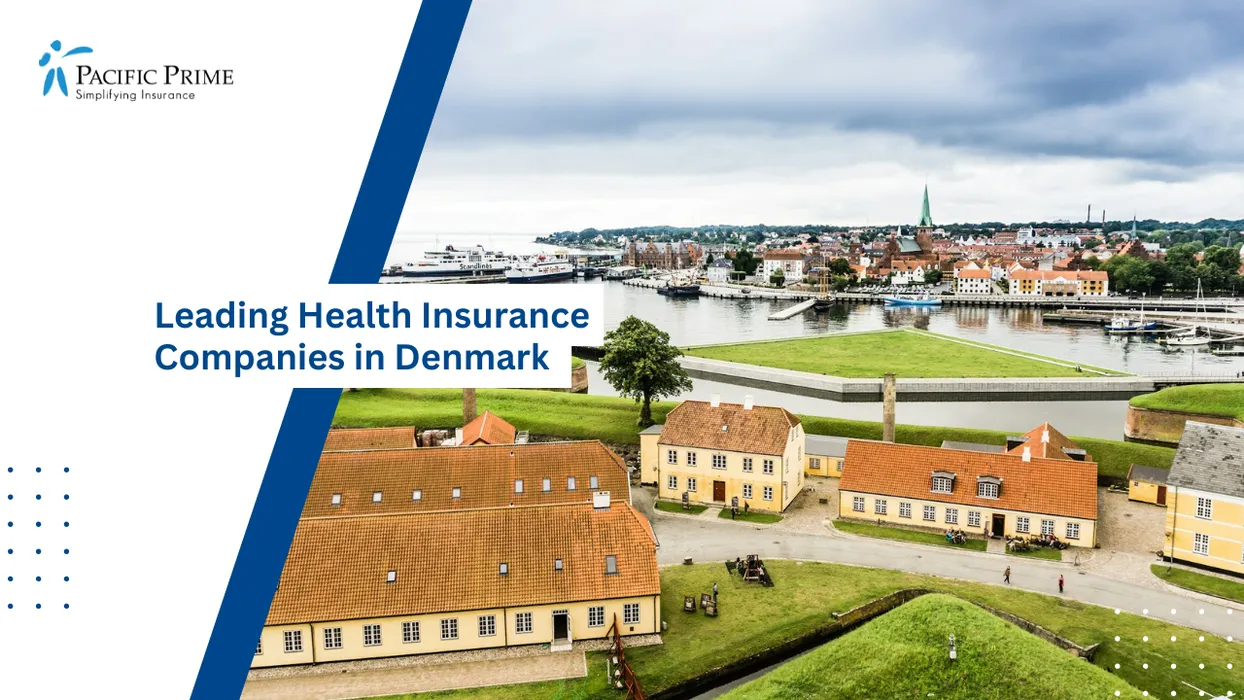 Image of Aerial View Of Helsing&oslash;r Near Kronborg Castle With Homes Amid Lush Greenery with text overlay of "Leading Health Insurance Companies in Denmark"