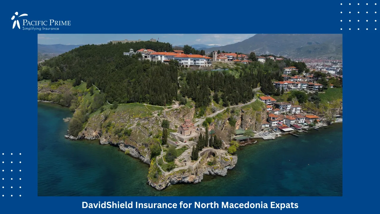 Image of Aerial View Of Hillside Houses In Ohrid, North Macedonia with text overlay of "DavidShield Insurance for North Macedonia Expats"