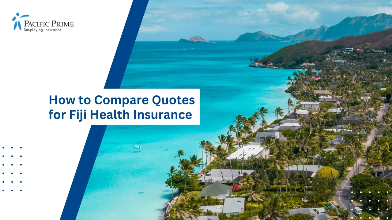Image of Aerial View Of Houses And Green Landscape Near Mountains In Fiji with text overlay of "How to Compare Quotes for Fiji Health Insurance"