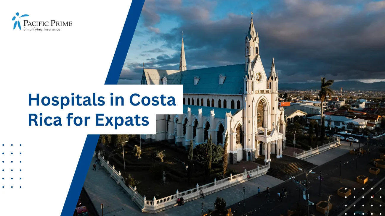 Image of Aerial View Of Iglesia San Rafael In Heredia, Costa Rica with text overlay of "Hospitals in Costa Rica for Expats"