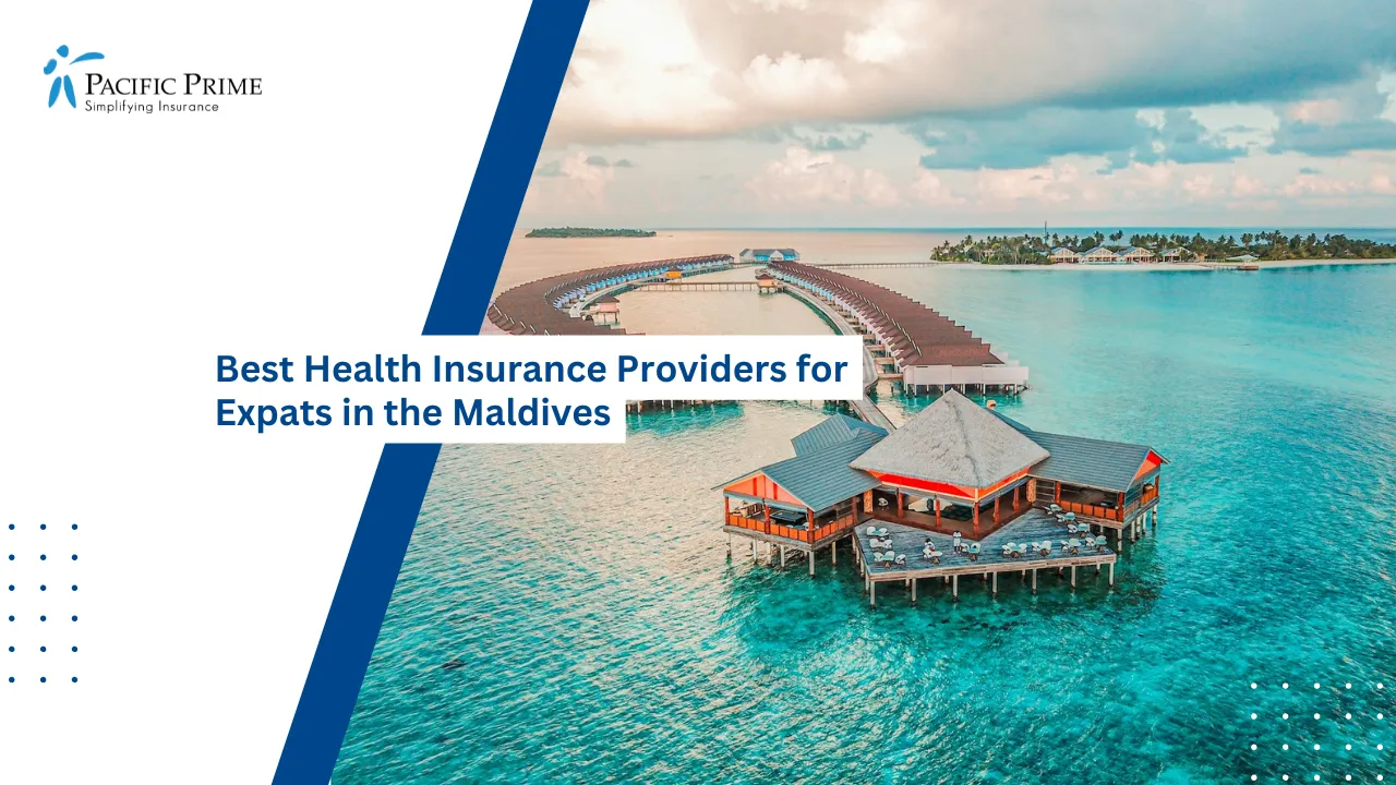 Image of Aerial View Of Island Resort In Maldives with text overlay of "Best Health Insurance Providers for Expats in the Maldives"