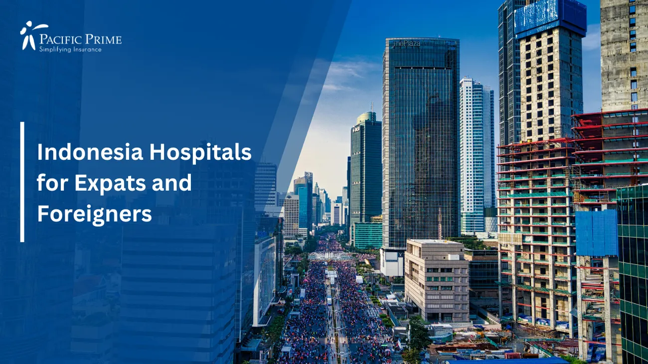 Image of Aerial View Of Jakarta Cityscape In Indonesia with text overlay of "Indonesia Hospitals for Expats and Foreigners"