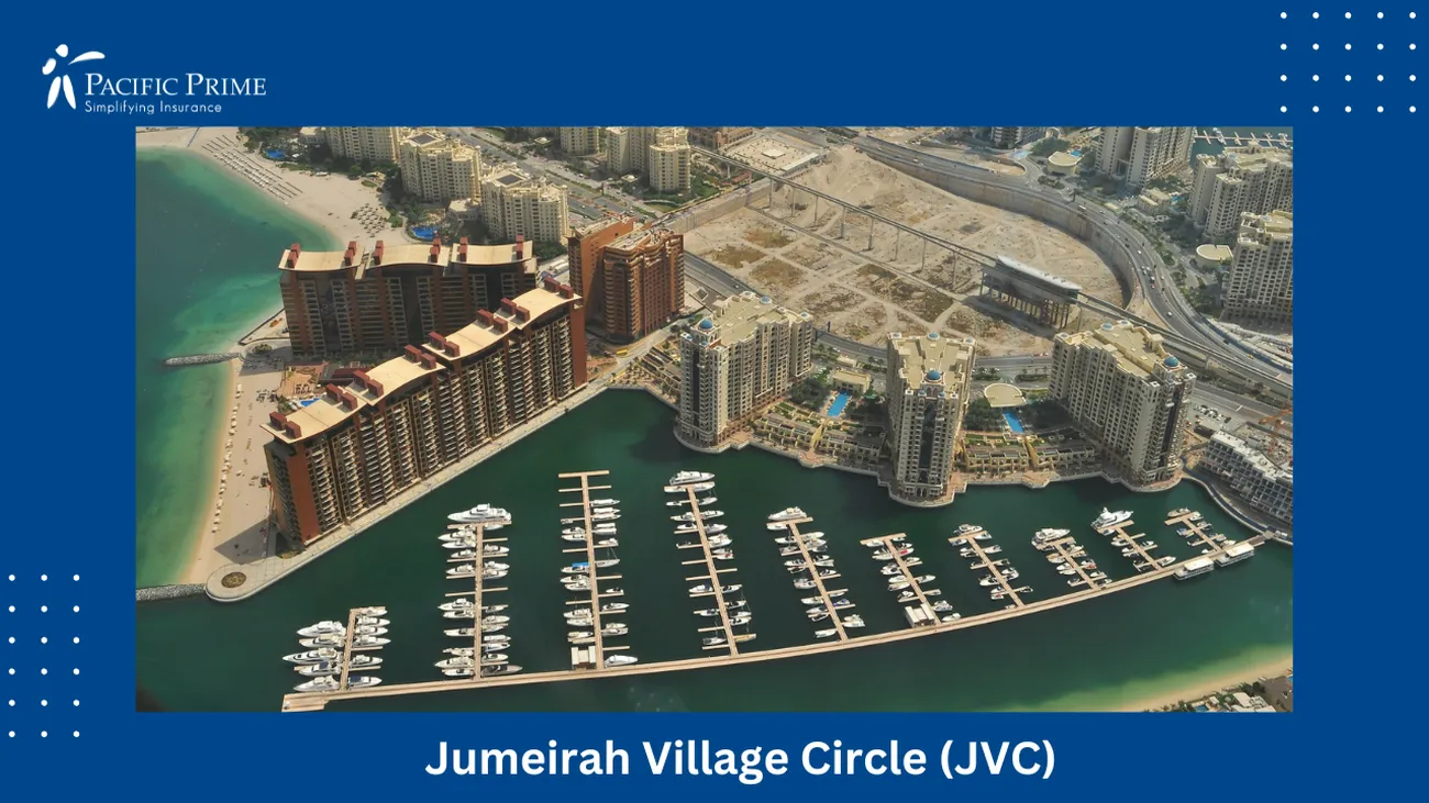 Image of Aerial View Of Jumeirah Cityscape In Dubai During Bright Daylight with text overlay of "Jumeirah Village Circle (JVC)"