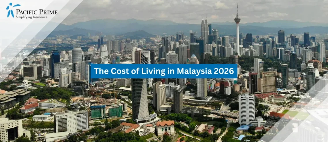 Image of Aerial View Of Kuala Lumpur Skyline And Dense Urban Landscape with text overlay of "The Cost of Living in Malaysia 2026"