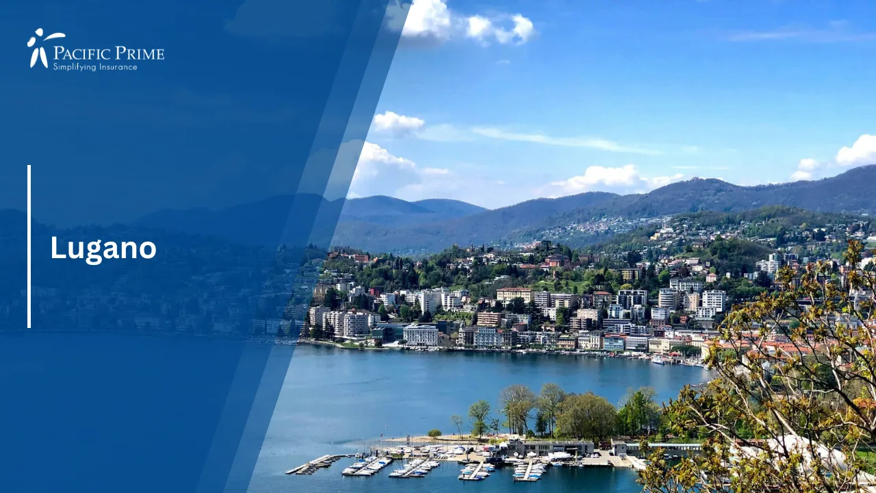 Image of Aerial View Of Lugano City Buildings Along The Waterfront During Daytime with text overlay of "Lugano"