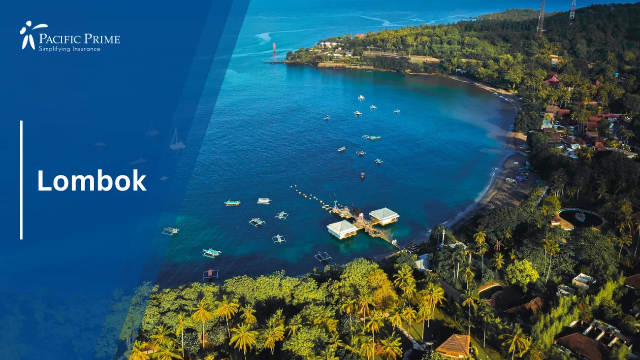 Image of Aerial View Of Lush Trees And Water At Senggigi Beach, West Lombok with text overlay of "Lombok"