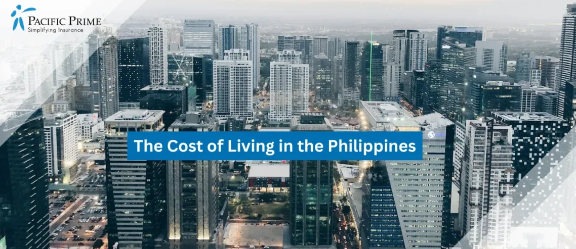 Image of Aerial View Of Manila Skyline With City Buildings In Taguig During Daytime with text overlay of "The Cost of Living in the Philippines"