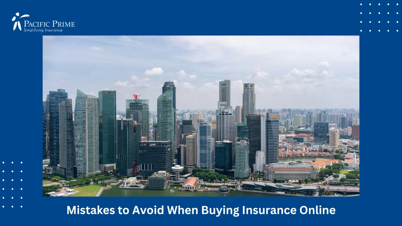 Image of Aerial View Of Marina Bay Sands With Singapore Skyline Under White Sky with text overlay of "Mistakes to Avoid When Buying Insurance Online"