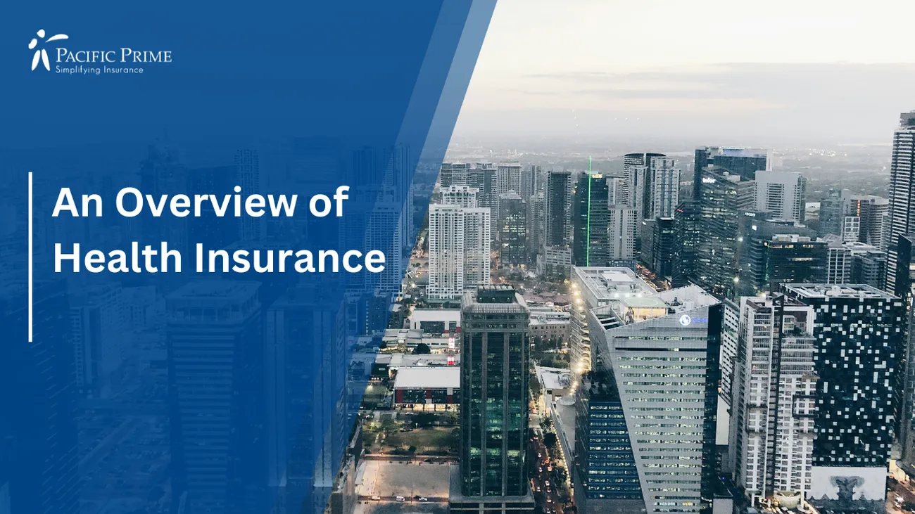Image of Aerial View Of Metro Manila Buildings By Day with text overlay of "An Overview of Health Insurance"