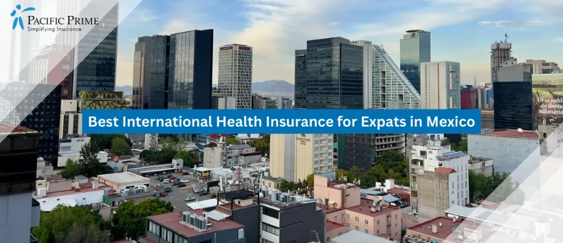 Image of Aerial View Of Mexico City Skyline With Towering Buildings Across The Urban Landscape with text overlay of "Best International Health Insurance for Expats in Mexico"