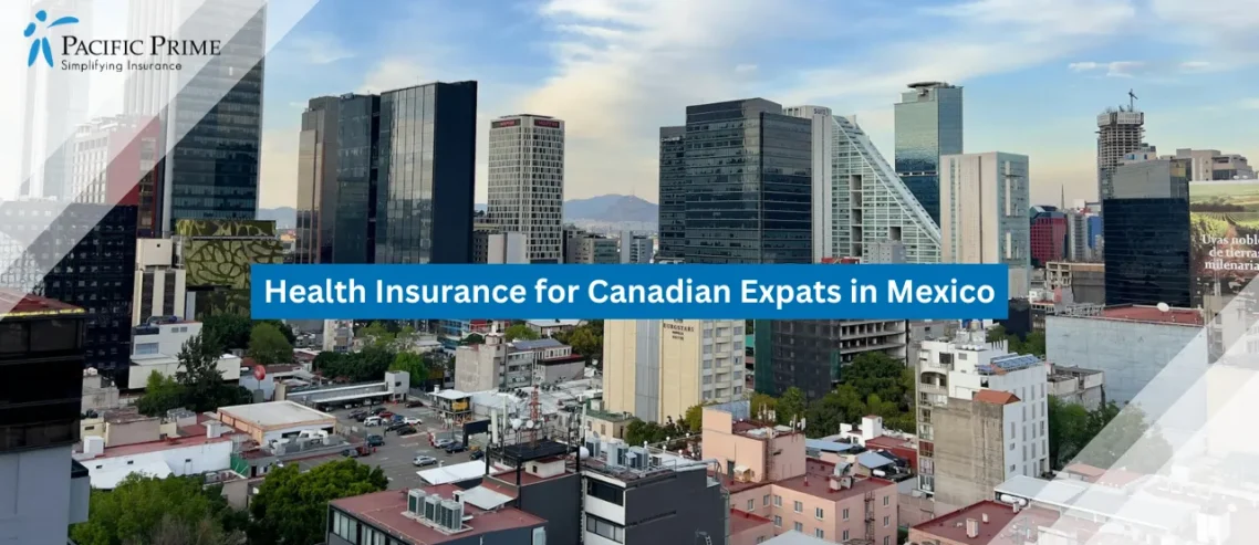 Image of Aerial View Of Mexico City’s Modern High-rise Skyline with text overlay of "Health Insurance for Canadian Expats in Mexico"