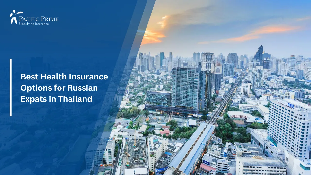 Image of Aerial View Of Modern Buildings In Khlong Toei Nuea with text overlay of "Best Health Insurance Options for Russian Expats in Thailand"