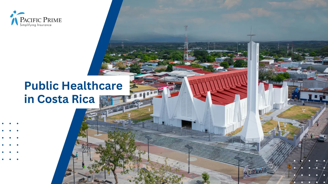 Image of Aerial View Of Modern Church In Liberia, Costa Rica with text overlay of "Public Healthcare in Costa Rica"
