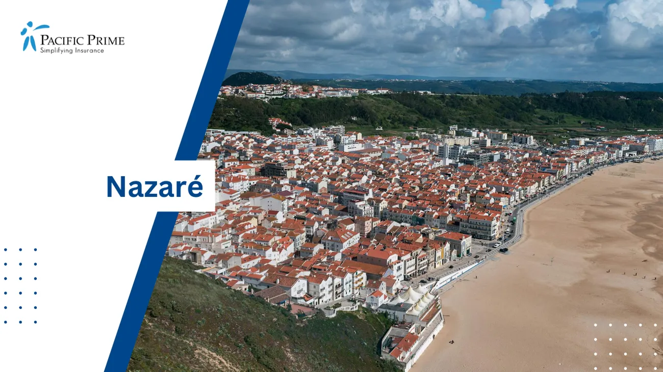 Image of Aerial View Of Nazaré Buildings On A Green Field, Leiria, Portugal with text overlay of "Nazaré"