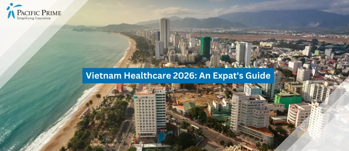 Image of Aerial View Of Nha Trang City Along The Coastline And Ocean In Vietnam with text overlay of "Vietnam Healthcare 2026: An Expat's Guide"
