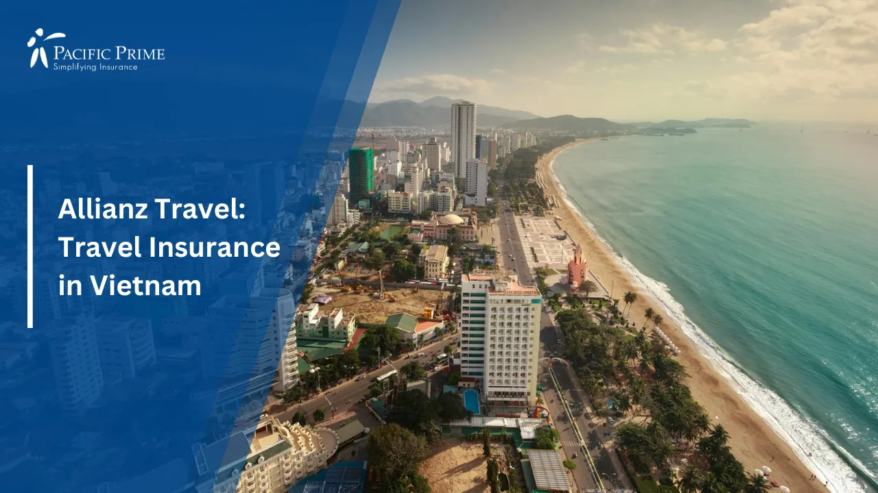 Image of Aerial View Of Nha Trang City Along The Coastline In Vietnam with text overlay of "Allianz Travel: Travel Insurance in Vietnam"