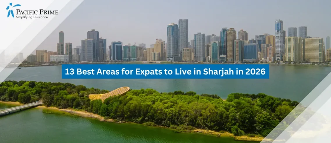 Image of Aerial View Of Noor Island’s Lush Design And Waterways In Sharjah’s Al Majaz with text overlay of "13 Best Areas for Expats to Live in Sharjah in 2026"