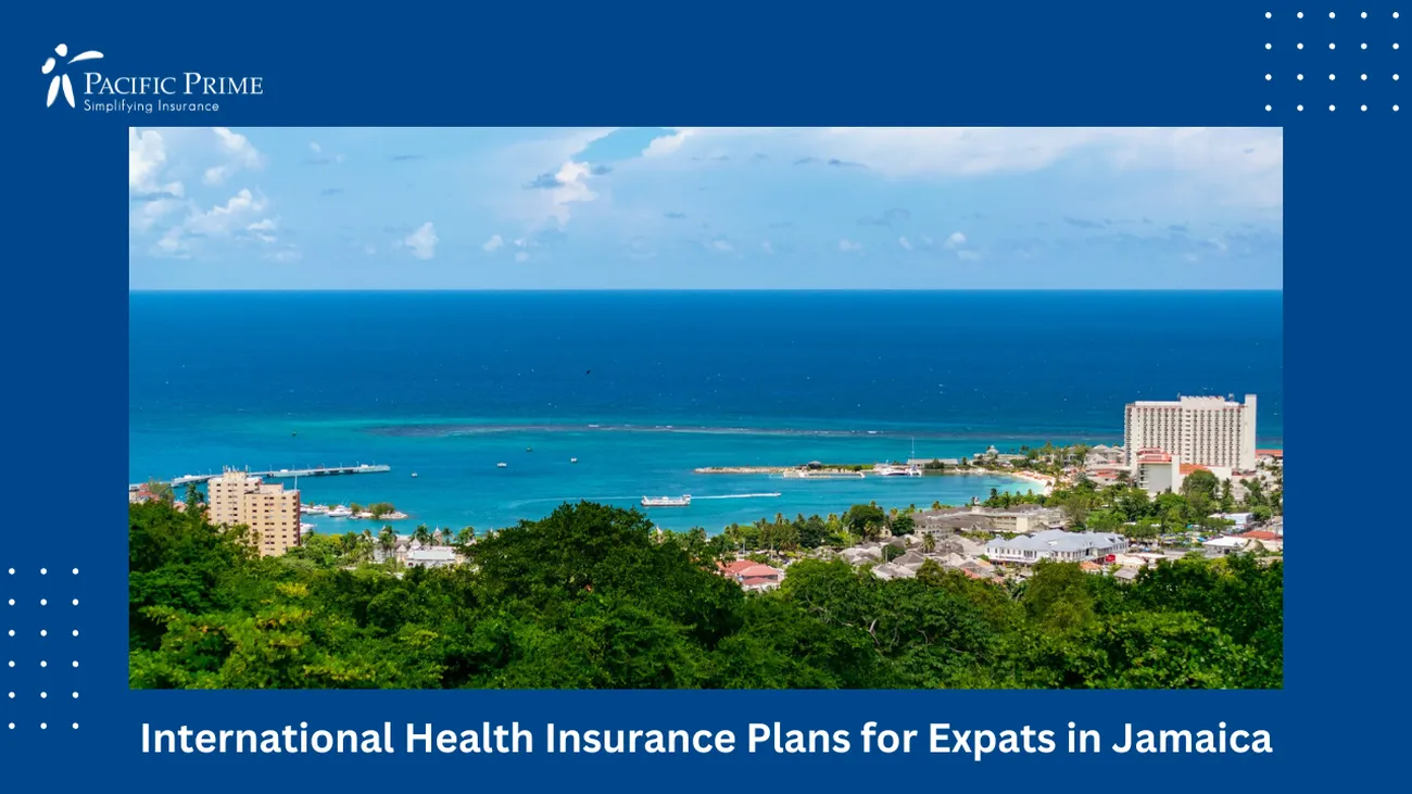 Image of Aerial View Of Ocho Rios Beach With Clear Blue Waters And Green Trees with text overlay of "International Health Insurance Plans for Expats in Jamaica"