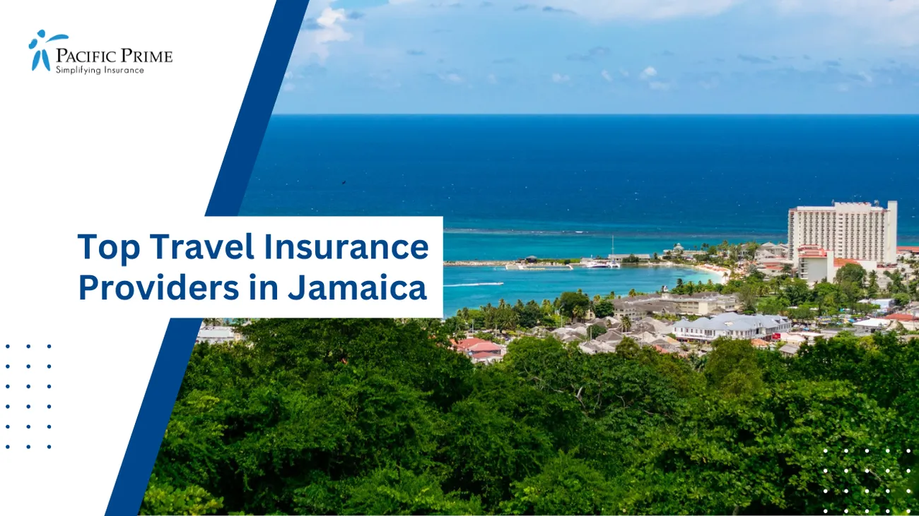 Image of Aerial View Of Ocho Rios Beach With Green Trees And Blue Waters, Jamaica with text overlay of "Top Travel Insurance Providers in Jamaica"