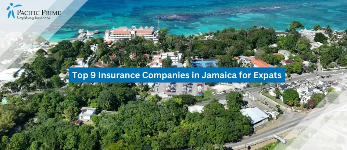 Image of Aerial View Of Ocho Rios Coastline With Turquoise Waters And Seaside Town with text overlay of "Top 9 Insurance Companies in Jamaica for Expats"