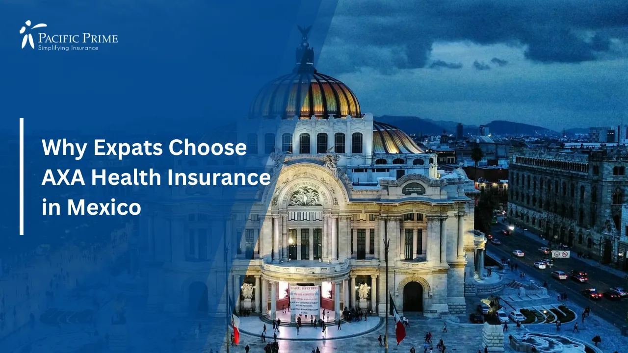 Image of Aerial View Of Palacio De Bellas Artes At Dusk With City Skyline with text overlay of "Why Expats Choose AXA Health Insurance in Mexico"