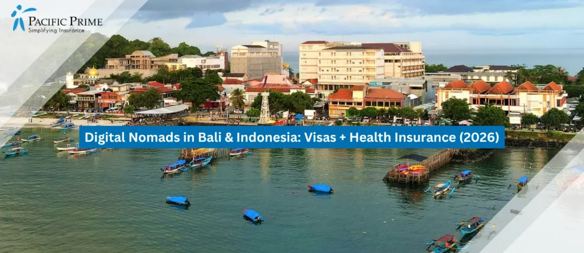 Image of Aerial View Of Pangandaran’s Coastline, Fishing Boats, And Seaside Buildings with text overlay of "Digital Nomads in Bali & Indonesia: Visas + Health Insurance (2026)"