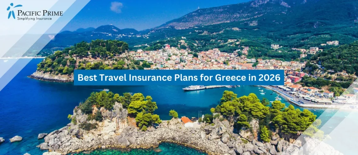 Image of Aerial View Of Parga Coastline And Panagia Island, A Scenic Ionian Sea Getaway with text overlay of "Best Travel Insurance Plans for Greece in 2026"