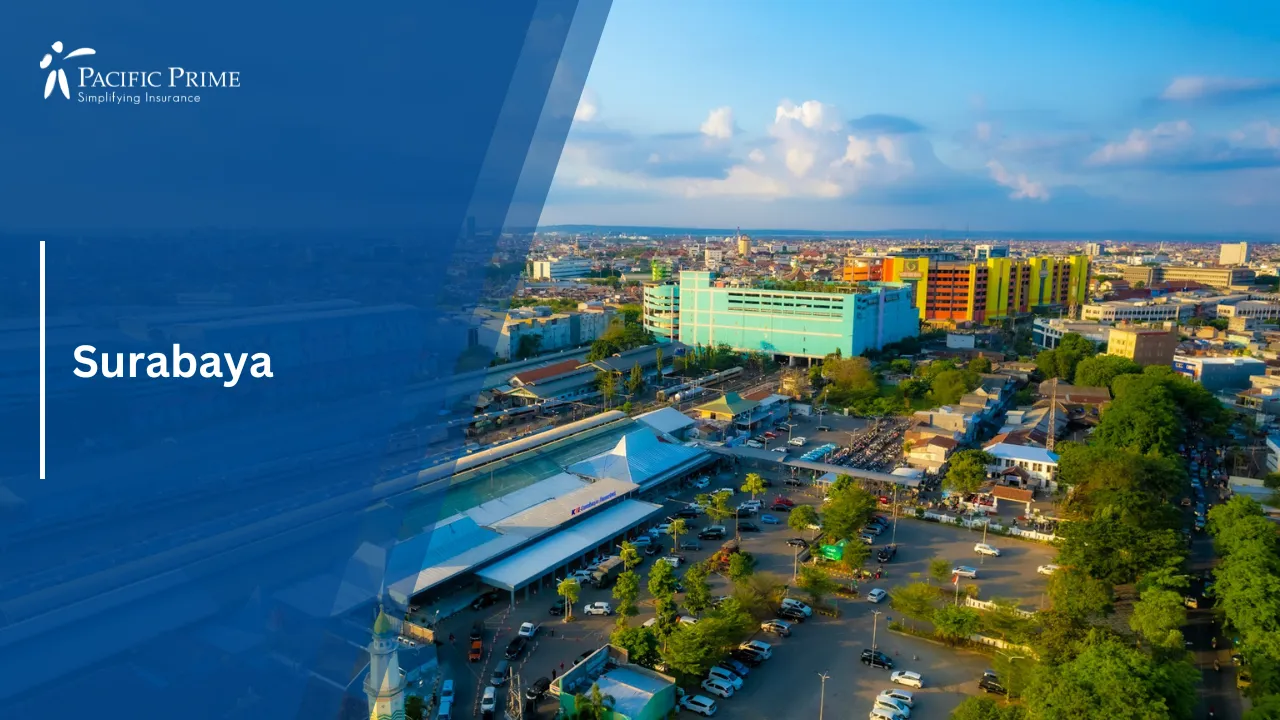 Image of Aerial View Of Pasar Turi Area And Surrounding Streets In Surabaya, Indonesia with text overlay of "Surabaya"