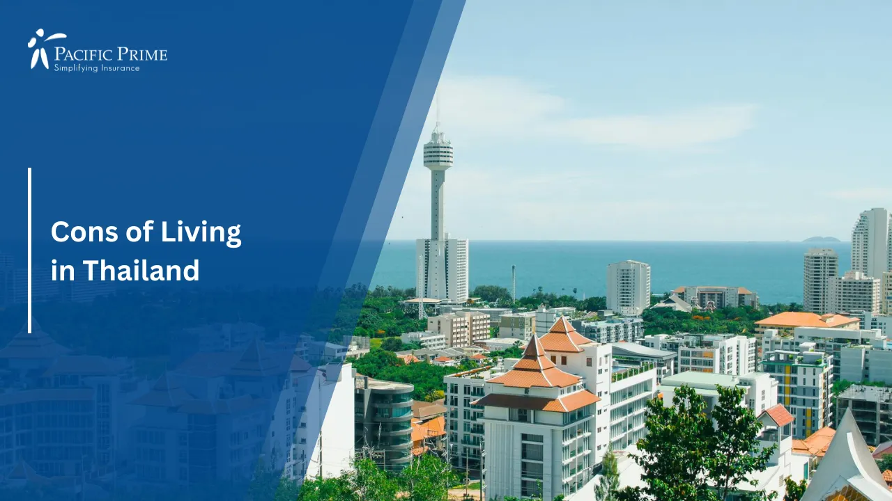 Image of Aerial View Of Pattaya Coastal Skyline With Modern Buildings And Ocean with text overlay of "Cons of Living in Thailand"