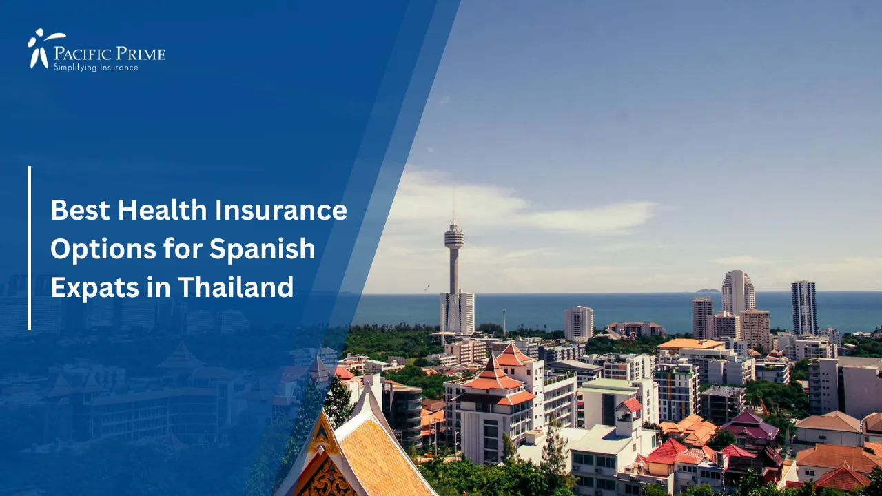 Image of Aerial View Of Pattaya Skyline With Modern Buildings And Ocean Backdrop with text overlay of "Best Health Insurance Options for Spanish Expats in Thailand"