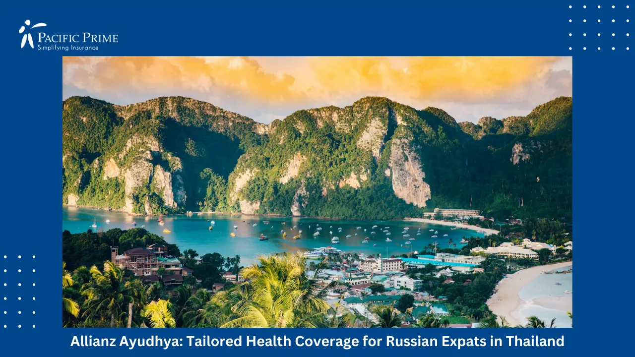 Image of Aerial View Of Phi Phi Islands At Sunrise With Surrounding Mountains with text overlay of "Allianz Ayudhya: Tailored Health Coverage for Russian Expats in Thailand"