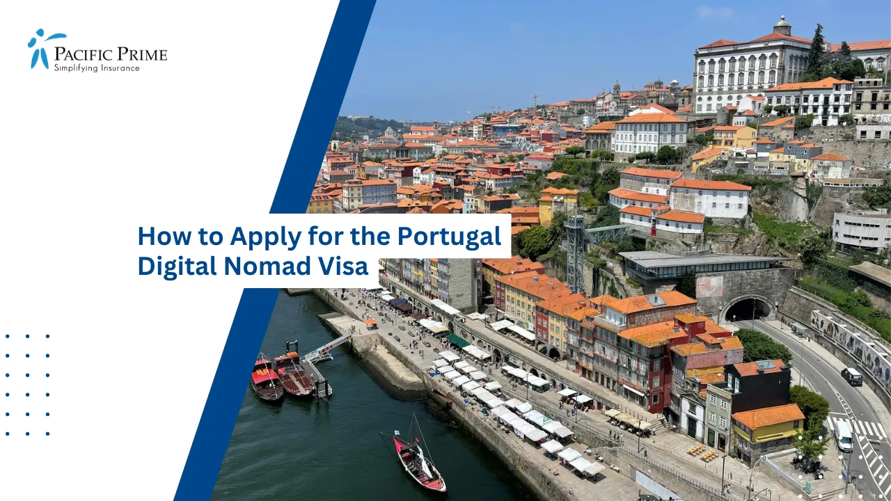Image of Aerial View Of Porto's Riverside With Boats And Colorful Buildings with text overlay of "How to Apply for the Portugal Digital Nomad Visa"