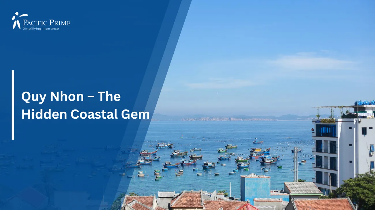 Image of Aerial View Of Quy Nhơn Cityscape By The Sea In Bình Định, Vietnam with text overlay of "Quy Nhon – The Hidden Coastal Gem"