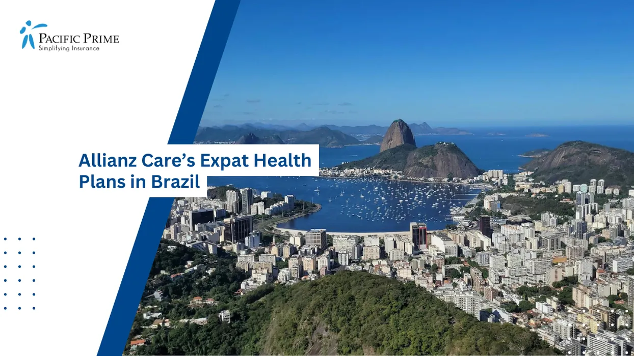 Image of Aerial View Of Rio Coastline With Beaches, Cliffs, And Ocean Stretching Along The City with text overlay of "Allianz Care’s Expat Health Plans in Brazil"