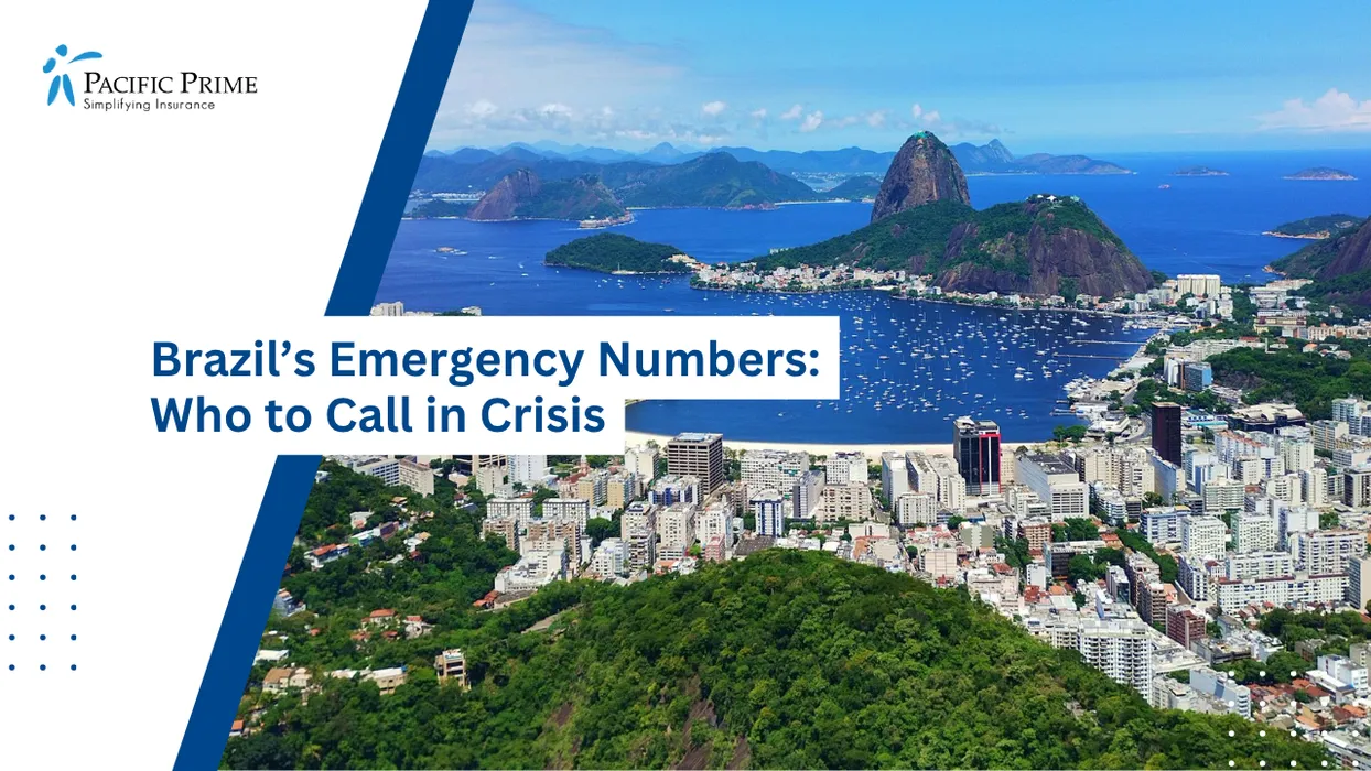 Image of Aerial View Of Rio Harbor With Coastline, Hills, And Cityscape Stretching Along The Bay with text overlay of "Brazil’s Emergency Numbers: Who to Call in Crisis"