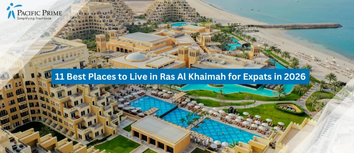 Image of Aerial View Of Rixos Bab Al Bahr Resort Along Ras Al Khaimah’s Coastline with text overlay of "11 Best Places to Live in Ras Al Khaimah for Expats in 2026"