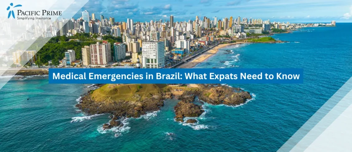 Image of Aerial View Of Salvador Coastline With Colorful Cityscape And Sandy Beachfront with text overlay of "Medical Emergencies in Brazil: What Expats Need to Know"