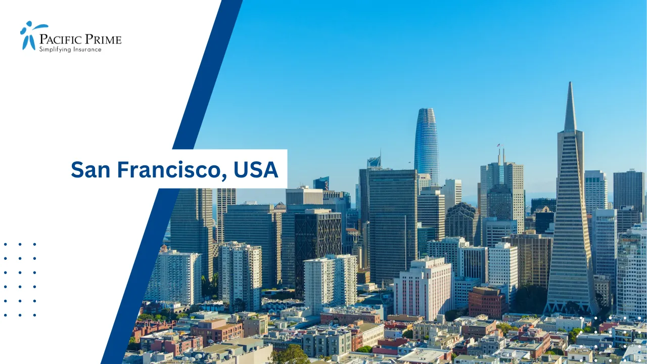 Image of Aerial View Of San Francisco Skyline With Clustered High-rise Buildings with text overlay of "San Francisco, USA"