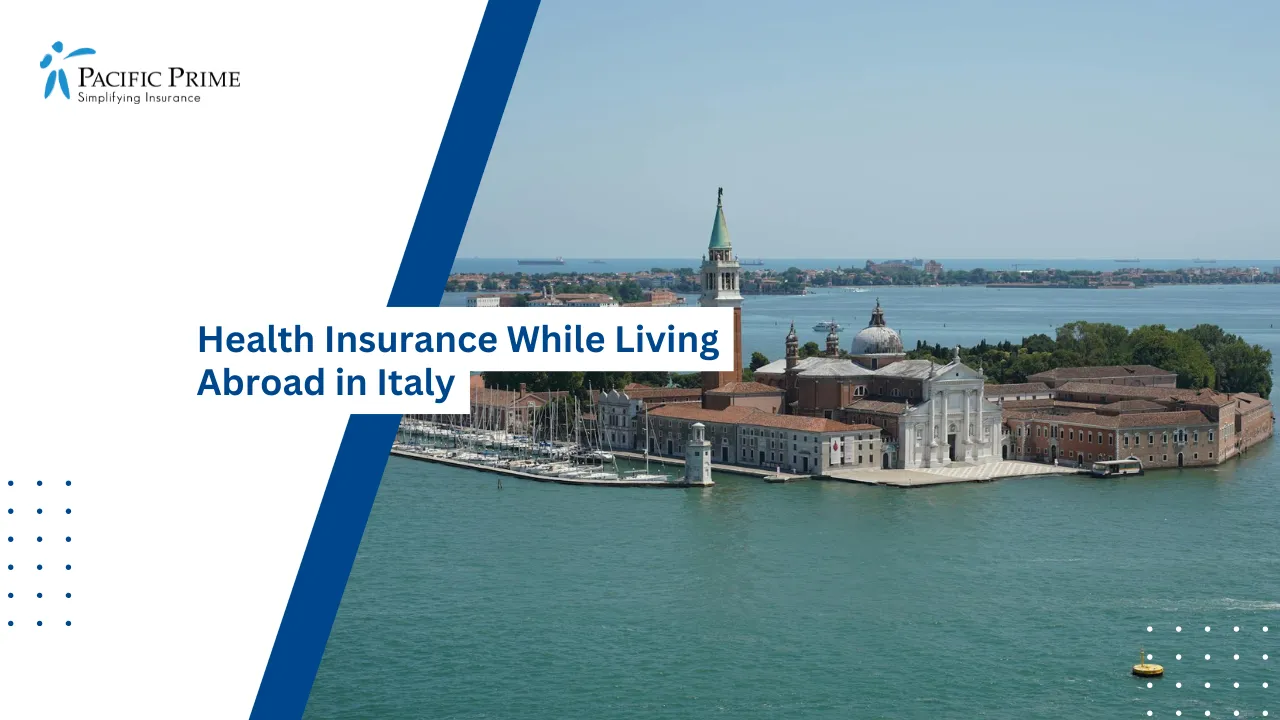 Image of Aerial View Of San Giorgio Maggiore Island In Venice with text overlay of "Health Insurance While Living Abroad in Italy"