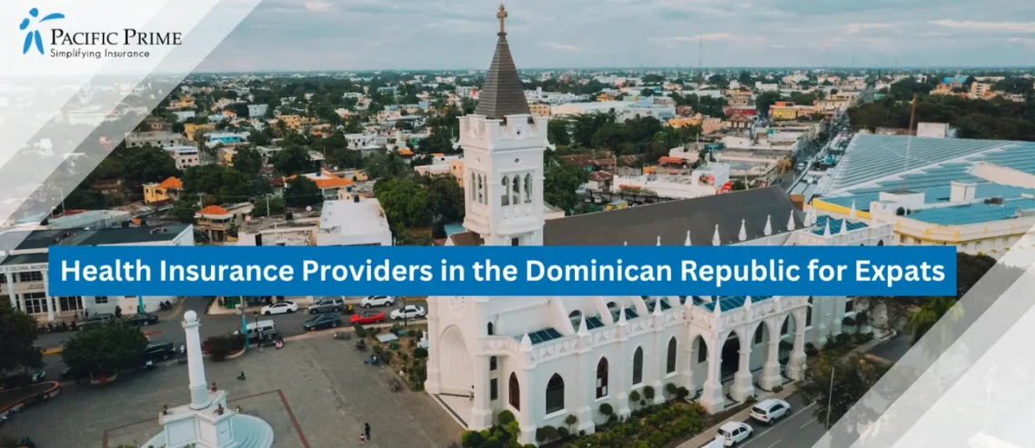 Image of Aerial View Of San Pedro De Macorís City With A Clock Tower In The Dominican Republic with text overlay of "Health Insurance Providers in the Dominican Republic for Expats"