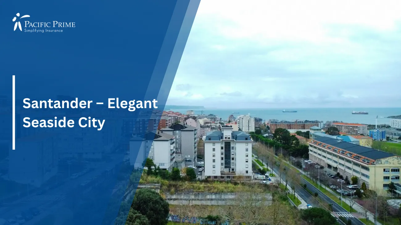 Image of Aerial View Of Santander's Cityscape And Waterfront with text overlay of "Santander – Elegant Seaside City"